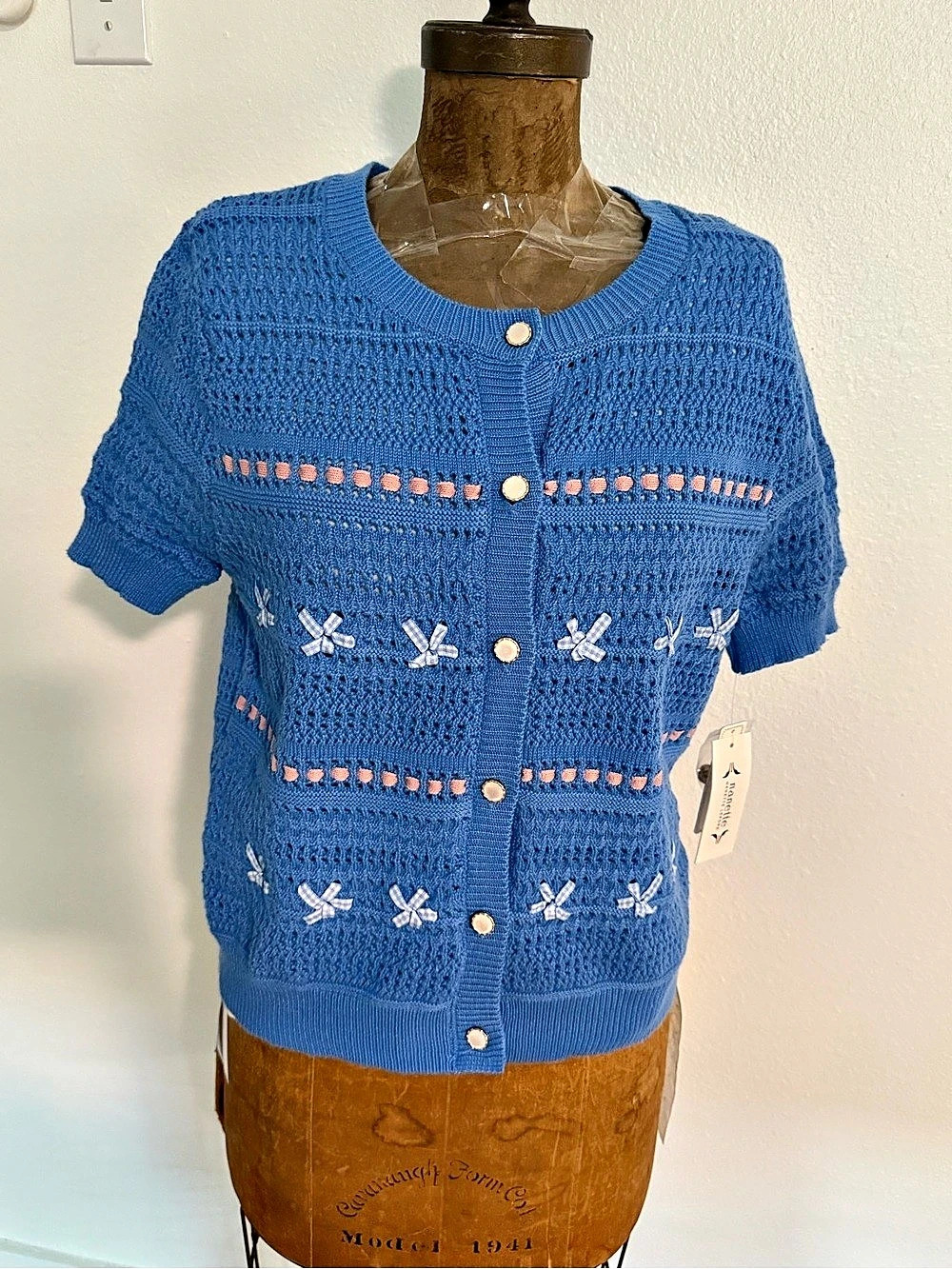 Nanette Nanette Lepore 3D Bow Pointelle Sweater Blue & Pink Medium NWT